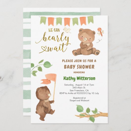 Bear mit Eucalyptus Baby Dusche Einladung (Vorne/Hinten)