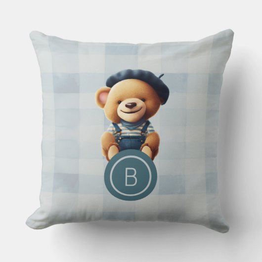 Bear Monogram Blue Gingham Kissen (Vorderseite)