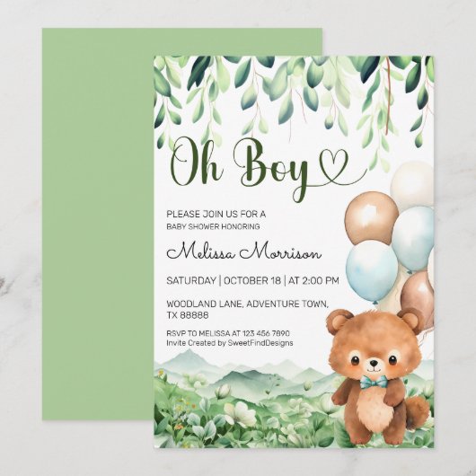 Bear Oh Boy Forest Baby Boy Dusche Einladung (Vorne/Hinten)