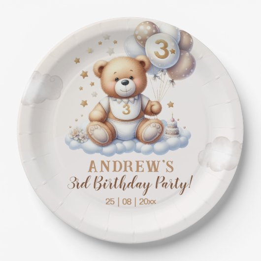 Bear on a Cloud – 3rd Birthday Party  Pappteller (Vorderseite)