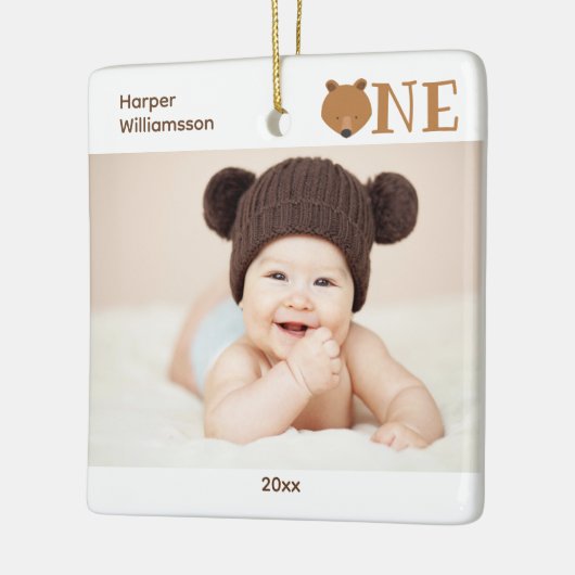 Bear One Birthday Keepake Baby Foto Keramikornament (Links)