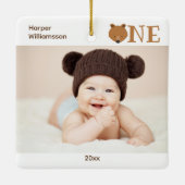 Bear One Birthday Keepake Baby Foto Keramikornament (Rückseite)