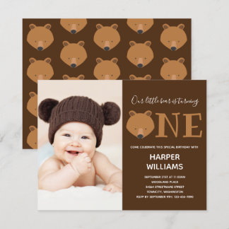 Bear One Foto Animal First Birthday Einladung