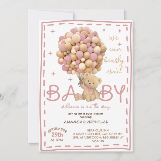Bear Pink Baby Girl Dusche Einladung (Vorderseite)