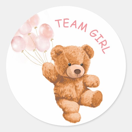 Bear Pink Balloon TEAM Girl Gender Reveal Game Runder Aufkleber (Vorderseite)
