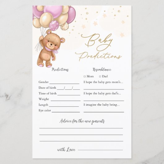 Bear Pink Balloons Baby Shower Baby Vorhersage (Vorderseite)