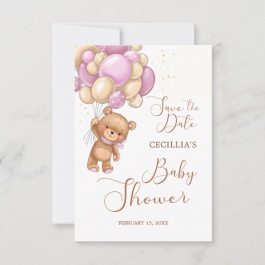 Bear Pink Balloons Babydusche Save the Date (Vorderseite)