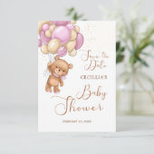 Bear Pink Balloons Babydusche Save the Date Begleitkarte (Stehend Vorderseite)