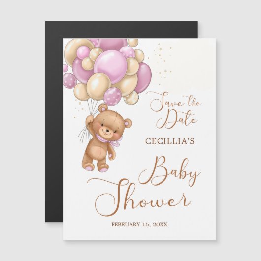 Bear Pink Balloons Babydusche Save the Date Magnetkarte (Vorne/Hinten)