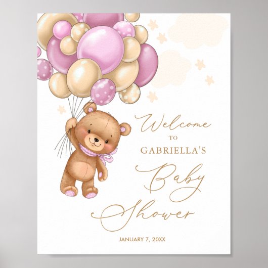 Bear Pink Balloons Babydusche Willkommenspender Poster (Vorne)