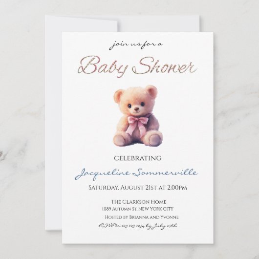 Bear Pink Bow Baby Shower It's a Girl Einladung (Vorderseite)