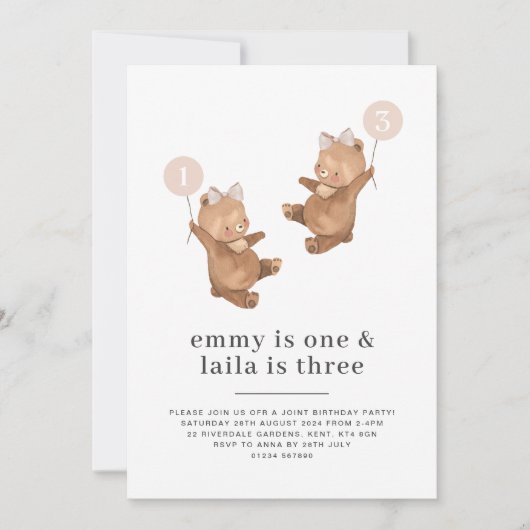 Bear Pink Bow - Joint 1st and 3rd Birthday Einladung (Vorderseite)