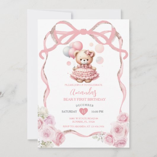 Bear Pink Bow Ribbon ersten Geburtstag Einladung (Vorderseite)