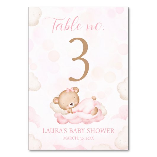 Bear Pink Girl Babydusche Tischnummer Zeichen (Rückseite)