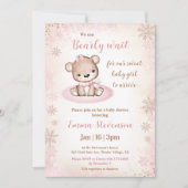 Bear Pink Gold Girl Baby Dusche warten Einladung (Vorderseite)