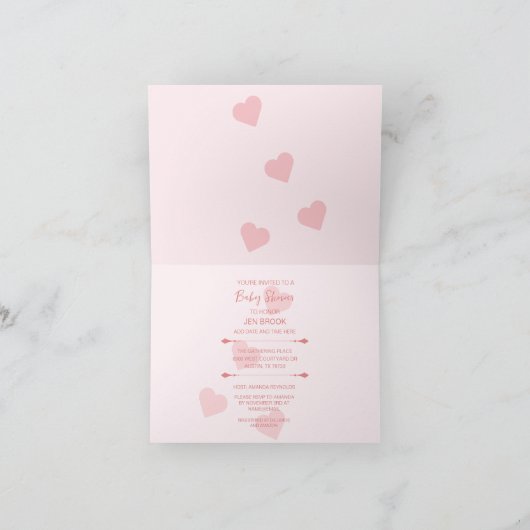 Bear Pink Hearts Baby Dusche geklappte Einladung (Innenseite)