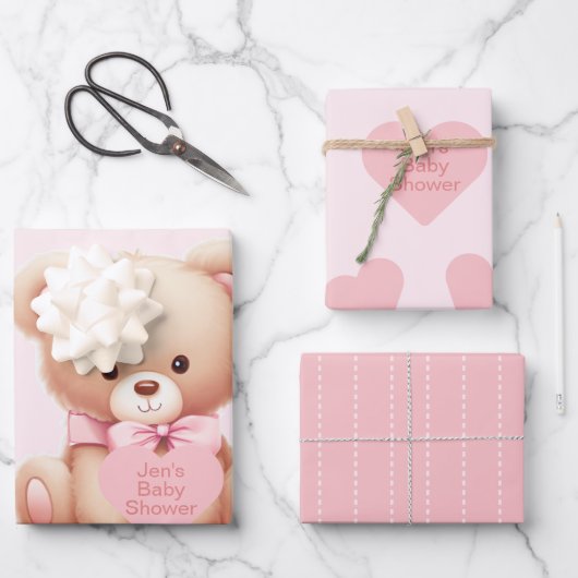 Bear Pink Hearts Baby Dusche Geschenkpapier Set (Vorderseite)