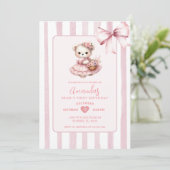 Bear Pink Niedlich Ribbon ersten Geburtstag Einladung (Stehend Vorderseite)