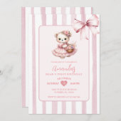 Bear Pink Niedlich Ribbon ersten Geburtstag Einladung (Vorne/Hinten)