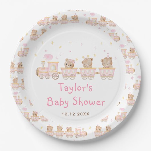 Bear Pink Train Baby Dusche Pappteller (Vorderseite)