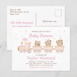 Bear Pink Train Baby Dusche Postkarte
