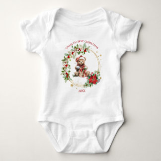 Bear Poinsettia Foliage Baby's First Christmas Baby Strampler