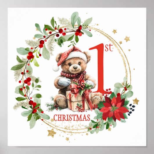 Bear Poinsettia Foliage Baby's First Christmas Poster (Vorne)