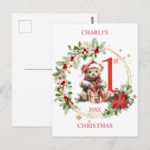 Bear Poinsettia Foliage Baby's First Christmas Postkarte (Vorne/Hinten)