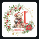 Bear Poinsettia Foliage Baby's First Christmas Quadratischer Aufkleber<br><div class="desc">In diesem Design präsentiert sich ein Teddybär mit Weihnachtsmannmütze und ein Weihnachtskranz mit Poinsettia,  grünem Blattwerk und roten Beeren. Sie können Text nach Ihren Anforderungen anpassen.</div>