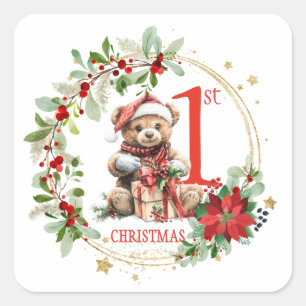 Bear Poinsettia Foliage Baby's First Christmas Quadratischer Aufkleber