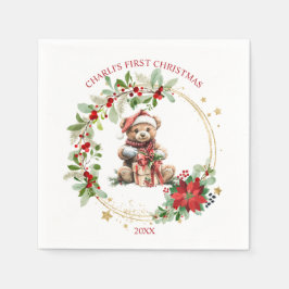 Bear Poinsettia Foliage Baby's First Christmas Serviette