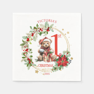 Bear Poinsettia Foliage Baby's First Christmas Serviette