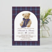 Bear Preppy Tartan Gender Neutral Baby Shower Einladung (Stehend Vorderseite)