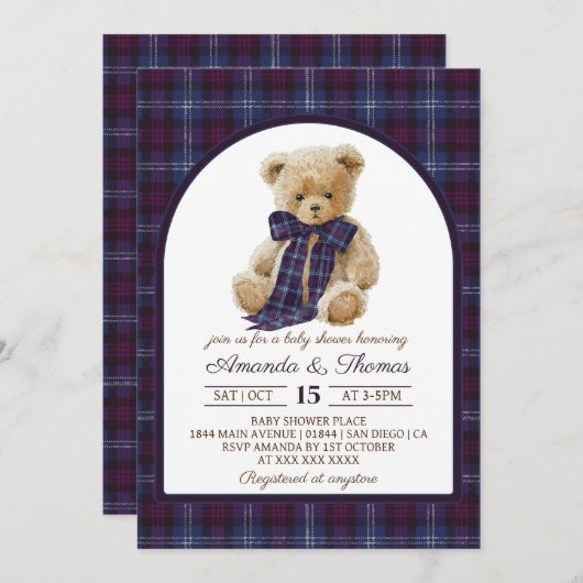 Bear Preppy Tartan Gender Neutral Baby Shower Einladung (Vorne/Hinten)
