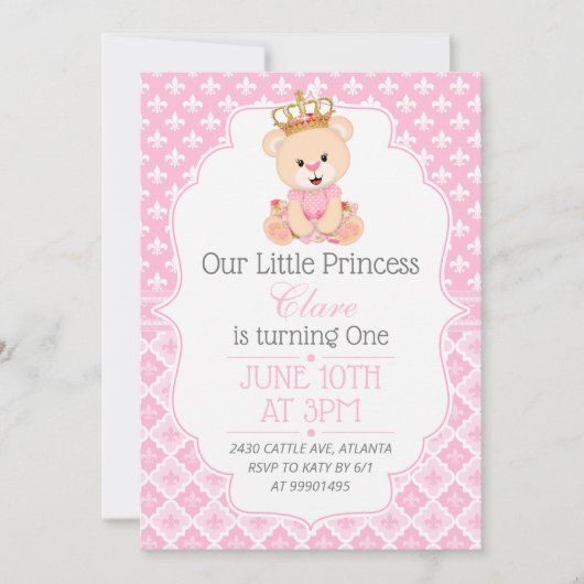 Bear Princess First Birthday Invitation Einladung (Vorderseite)