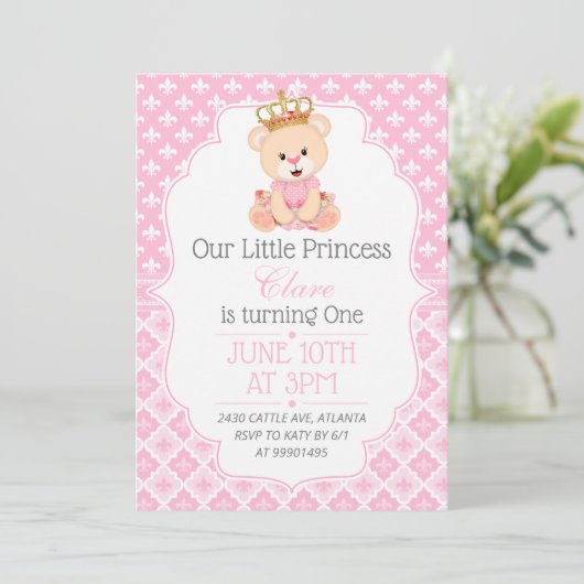 Bear Princess First Birthday Invitation Einladung (Stehend Vorderseite)