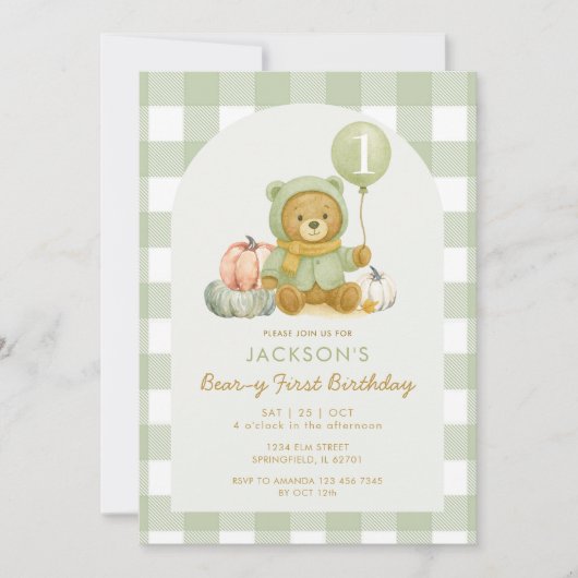 Bear Pumpkin Sage Green Beary Erster Geburtstag Einladung (Vorderseite)
