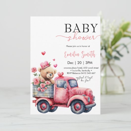 Bear Red Hearts Truck Baby Dusche Einladung (Stehend Vorderseite)