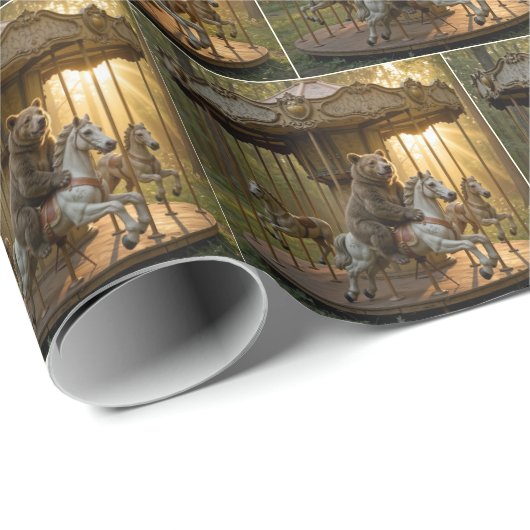 Bear Riding a Carousel Horse in a Forest Geschenkpapier (Rolleneckpunkt)