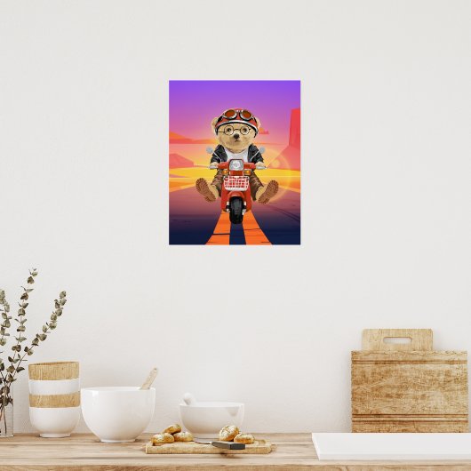 Bear Riding Scooter Wüste Sunset Poster (Küche)