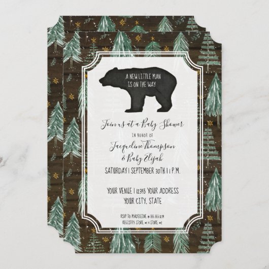 Bear Rustic Wood Woodland Forest Baby Boy Dusche Einladung (Vorne/Hinten)