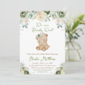 Bear Sage Green und Ivory Blume Babydusche Einladung (Stehend Vorderseite)