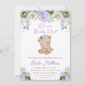 Bear Sage Green und Purple Blumen Babydusche Einladung (Vorderseite)