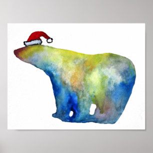 Bear Santa Watercolor Art Poster Paper