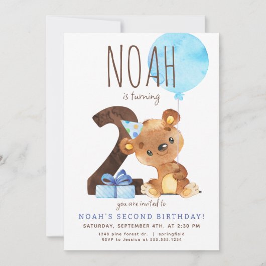 Bear Second Birthday Einladung (Vorderseite)
