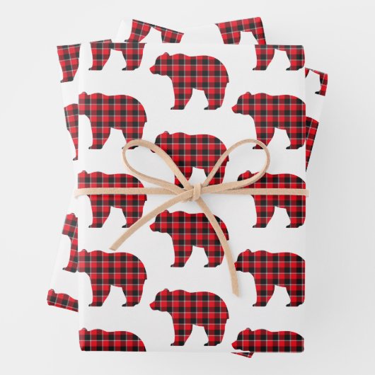 Bear Shaped Plaid Red Black Buffalo Geschenkpapier Set (Beispiel)