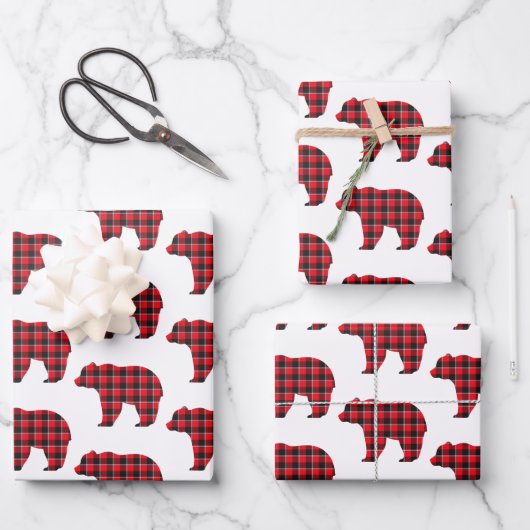 Bear Shaped Plaid Red Black Buffalo Geschenkpapier Set (Vorderseite)