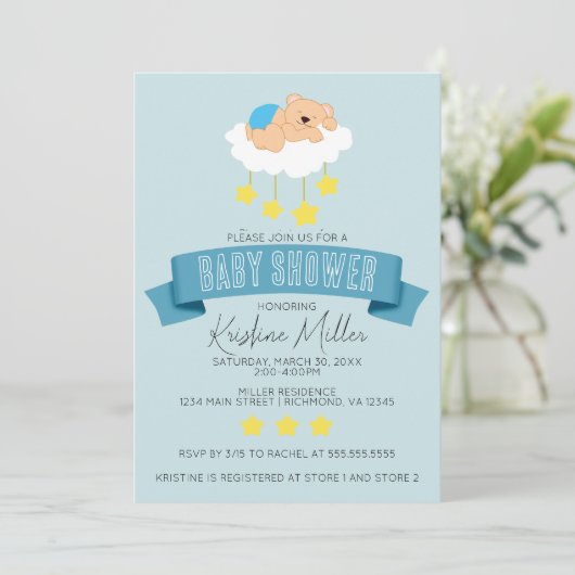 Bear Sleeping on Clouds Baby Dusche Einladung (Stehend Vorderseite)