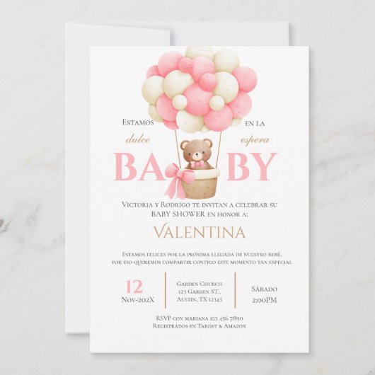 Bear Spanish Baby Shower Girl Einladung (Vorderseite)