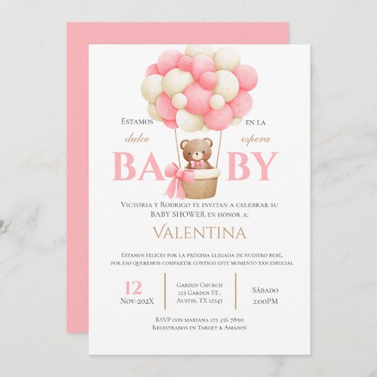 Bear Spanish Baby Shower Girl Einladung (Vorne/Hinten)